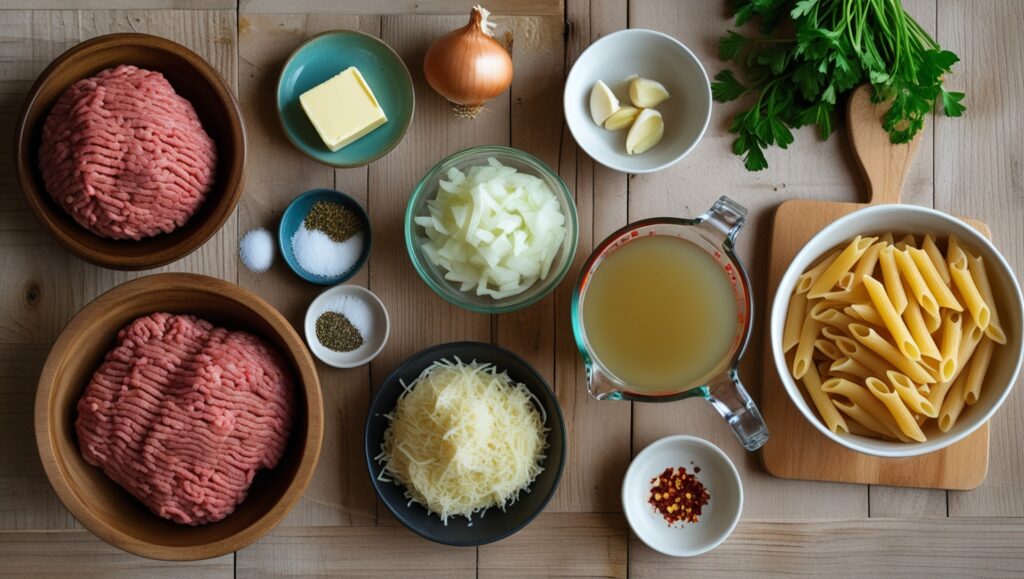 Ingredients for One-Pot Creamy Beef and Garlic Butter Pasta